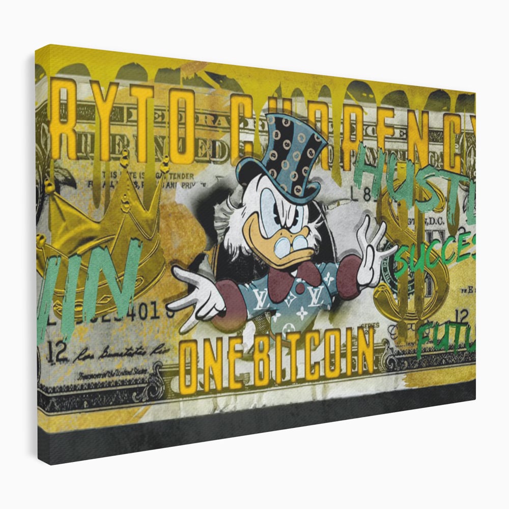 Tablou canvas cu tablou canvas cu donald duck si bitcoin, fara rama, pe sasiu de lemn